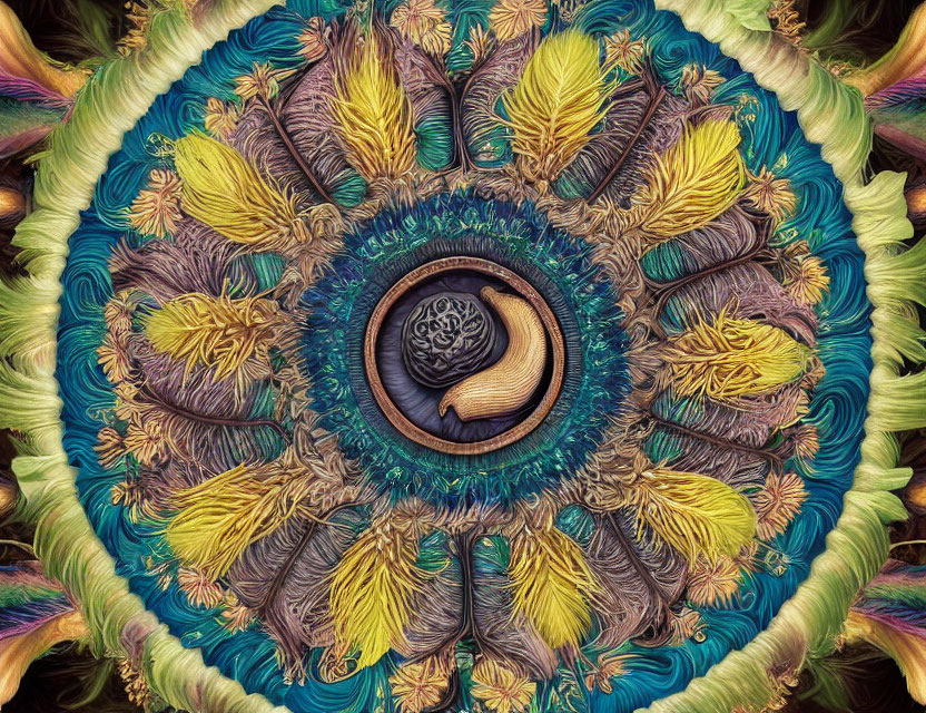 Detailed Symmetrical Fractal Art with Leaf-Like Patterns in Yellow, Blue, and Brown