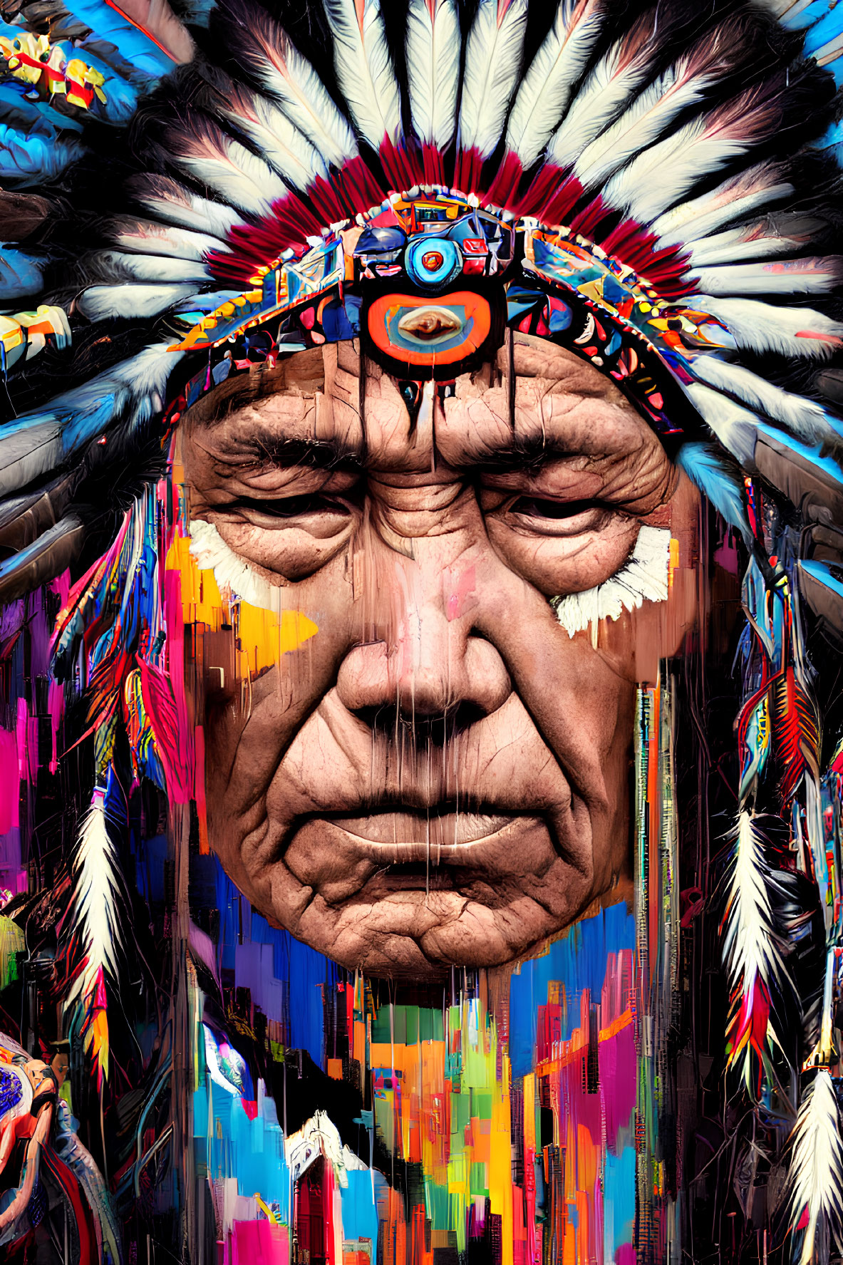 Colorful digital portrait of a person in Native American headdress