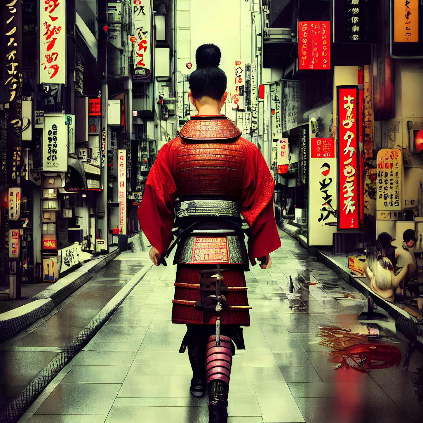 Samurai in traditional armor in modern Japanese alleyway