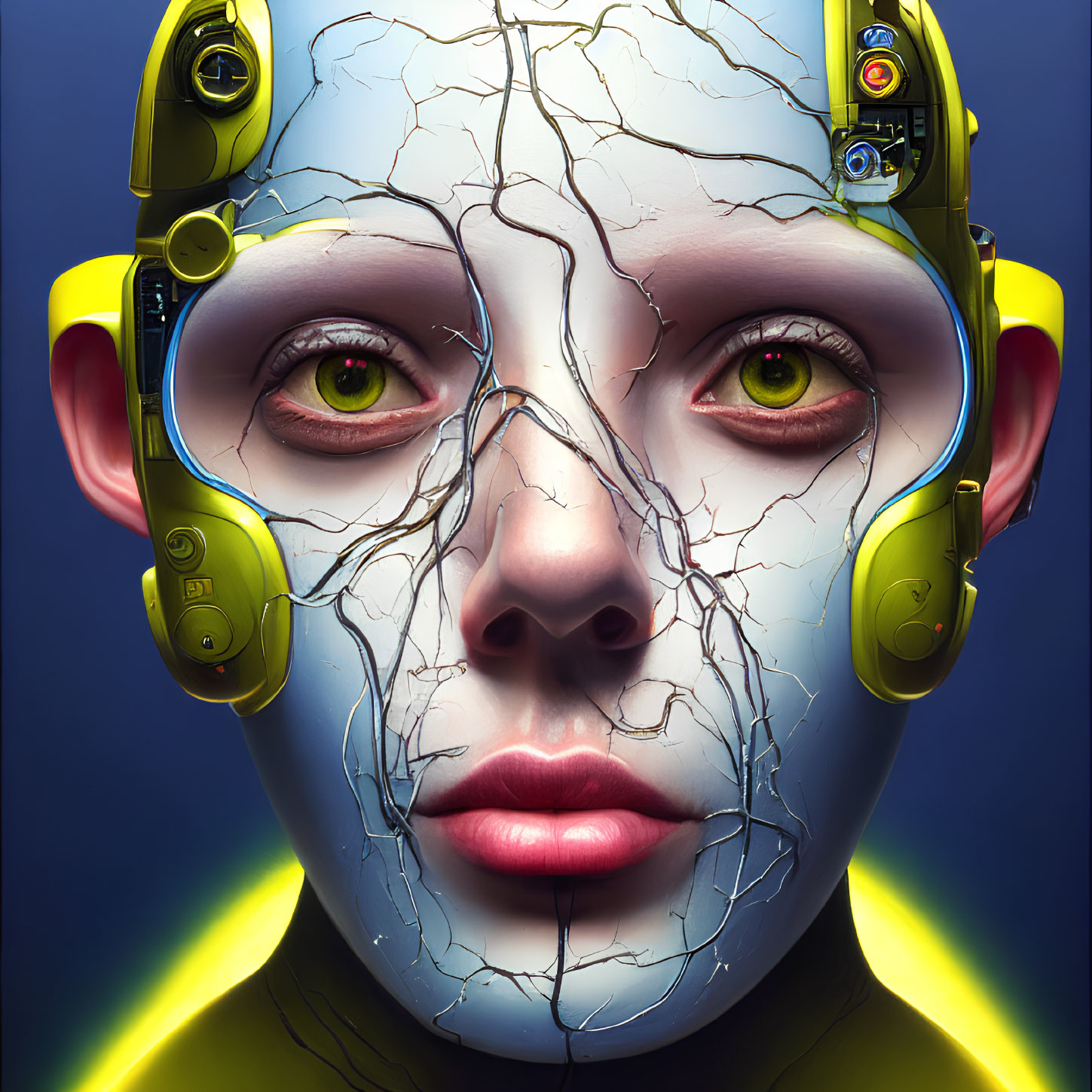 Futuristic portrait with green eyes, cracked skin effect, and yellow headphones