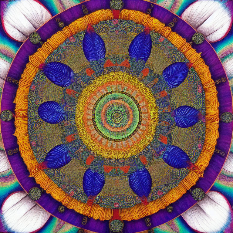 Colorful Mandala with Blue, Purple, and Gold Symmetrical Patterns