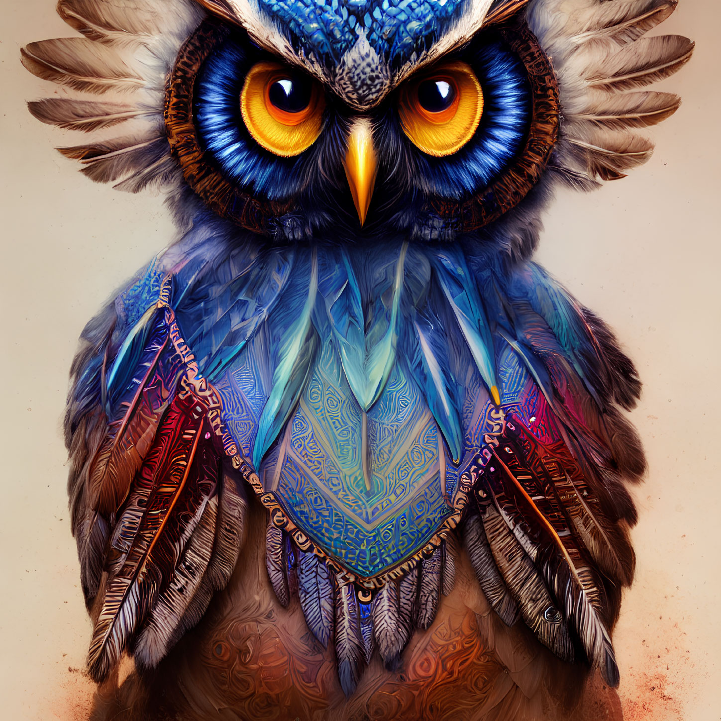 Colorful Owl Artwork with Detailed Feathers and Orange Eyes