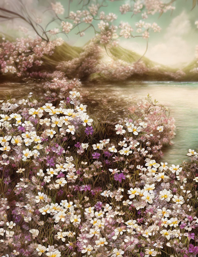 Tranquil landscape with white wildflowers, rolling hills, and a peaceful river