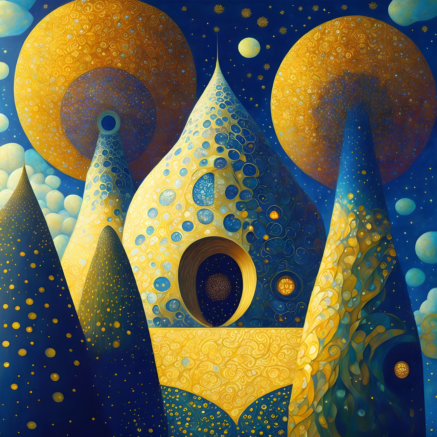 Surreal Landscape with Golden Towers and Moons in Deep Blue Sky