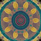 Detailed Symmetrical Fractal Art with Leaf-Like Patterns in Yellow, Blue, and Brown