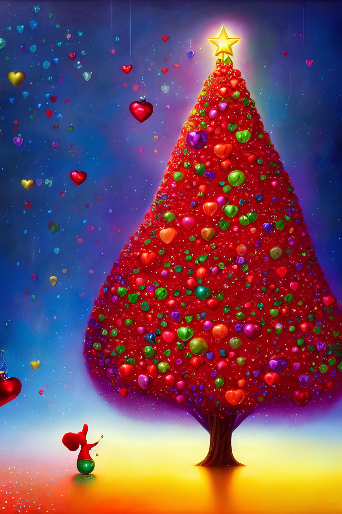 Colorful Christmas tree illustration with ornaments and hearts on starry sky gradient