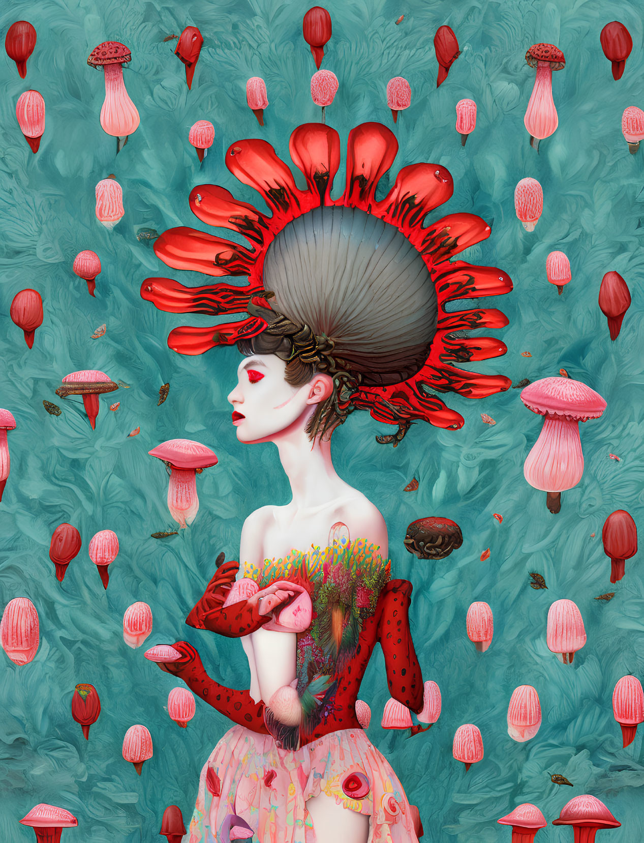 Surreal portrait of woman in mushroom attire on botanical backdrop