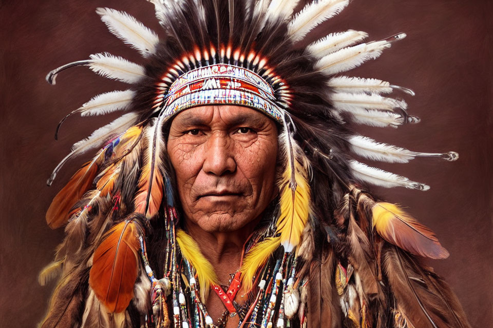 Indigenous man in traditional feathered headdress on brown backdrop