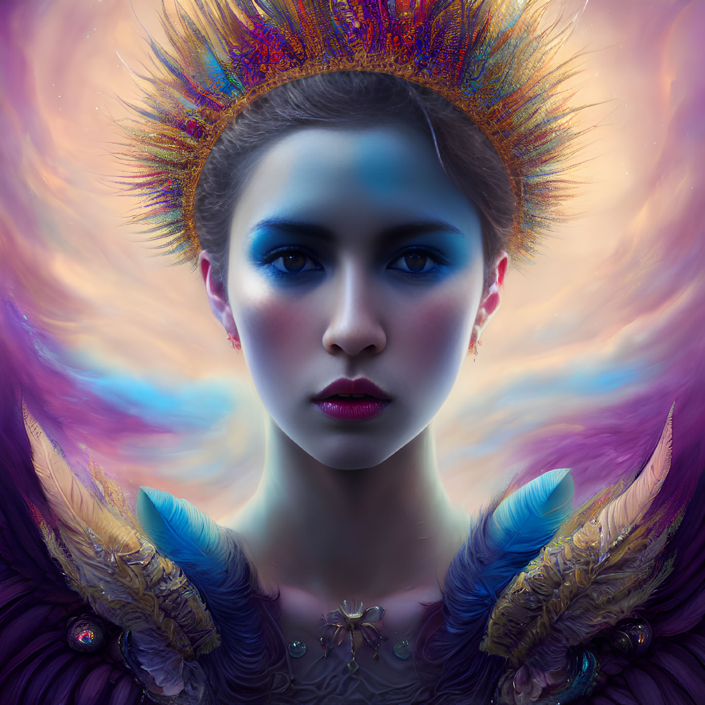 Digital art portrait of woman with blue makeup, ornate headdress, and feathered shoulders on purple