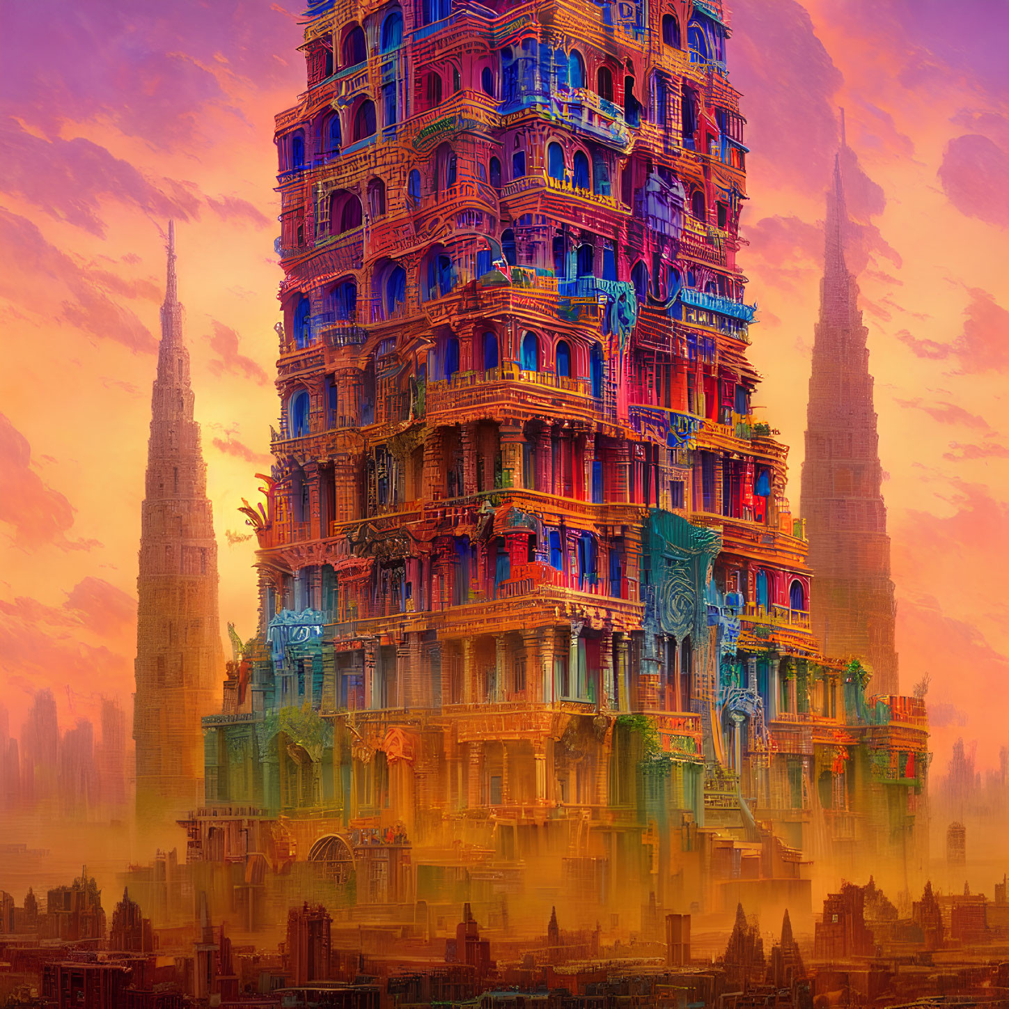 Vibrantly colored skyscraper blending ancient and futuristic styles in dreamy cityscape