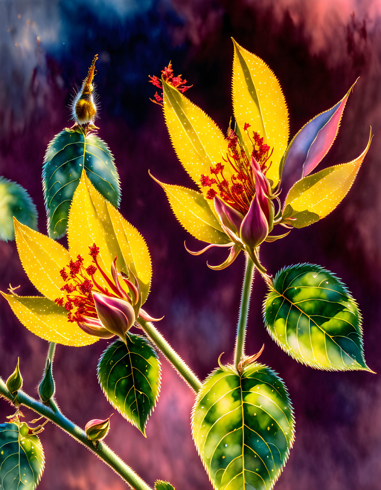 Vibrant yellow and red illustrated plant on whimsical purple, blue, and orange background