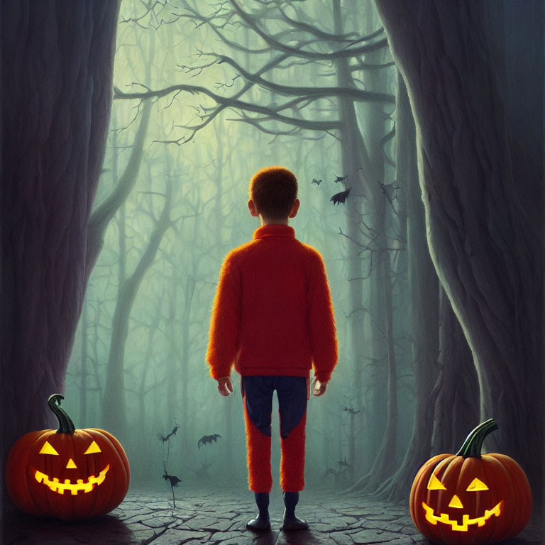 Person in Red Sweater Stands at Spooky Forest Entrance