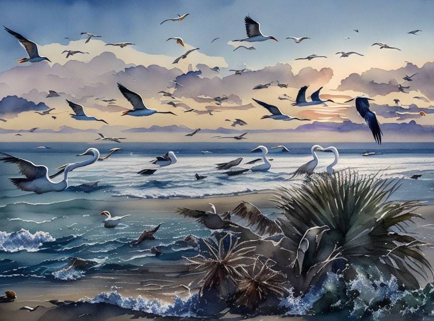 Tranquil beach scene with pelicans and seagulls over ocean waves at twilight