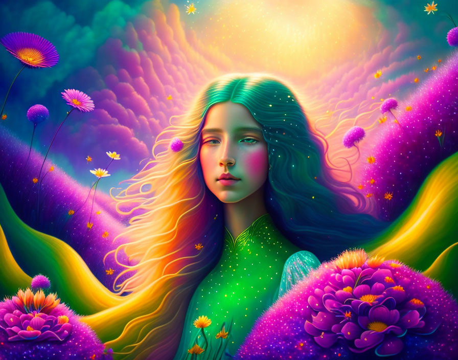 Colorful Woman with Flowing Hair in Cosmic-Floral Landscape