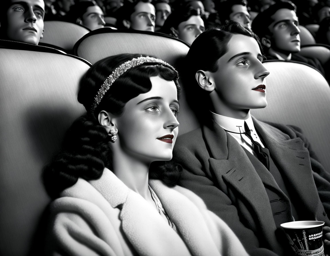 Monochrome cinema crowd with woman in headband and man in suit