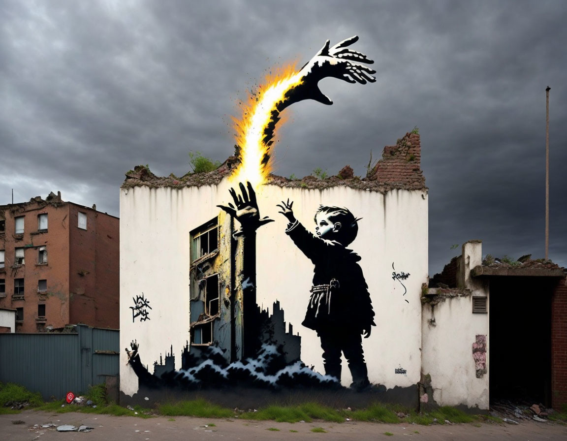 Child reaching for fiery hand in graffiti mural with dramatic sky backdrop