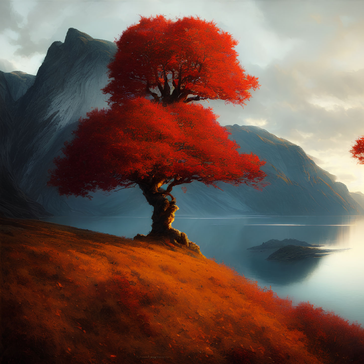 Vivid red tree by lakeside hill with misty mountains in warm light