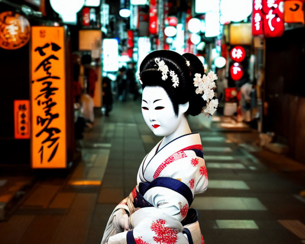 Traditional Japanese woman in kimono and geisha makeup in vibrant lantern-lit street with Japanese signs