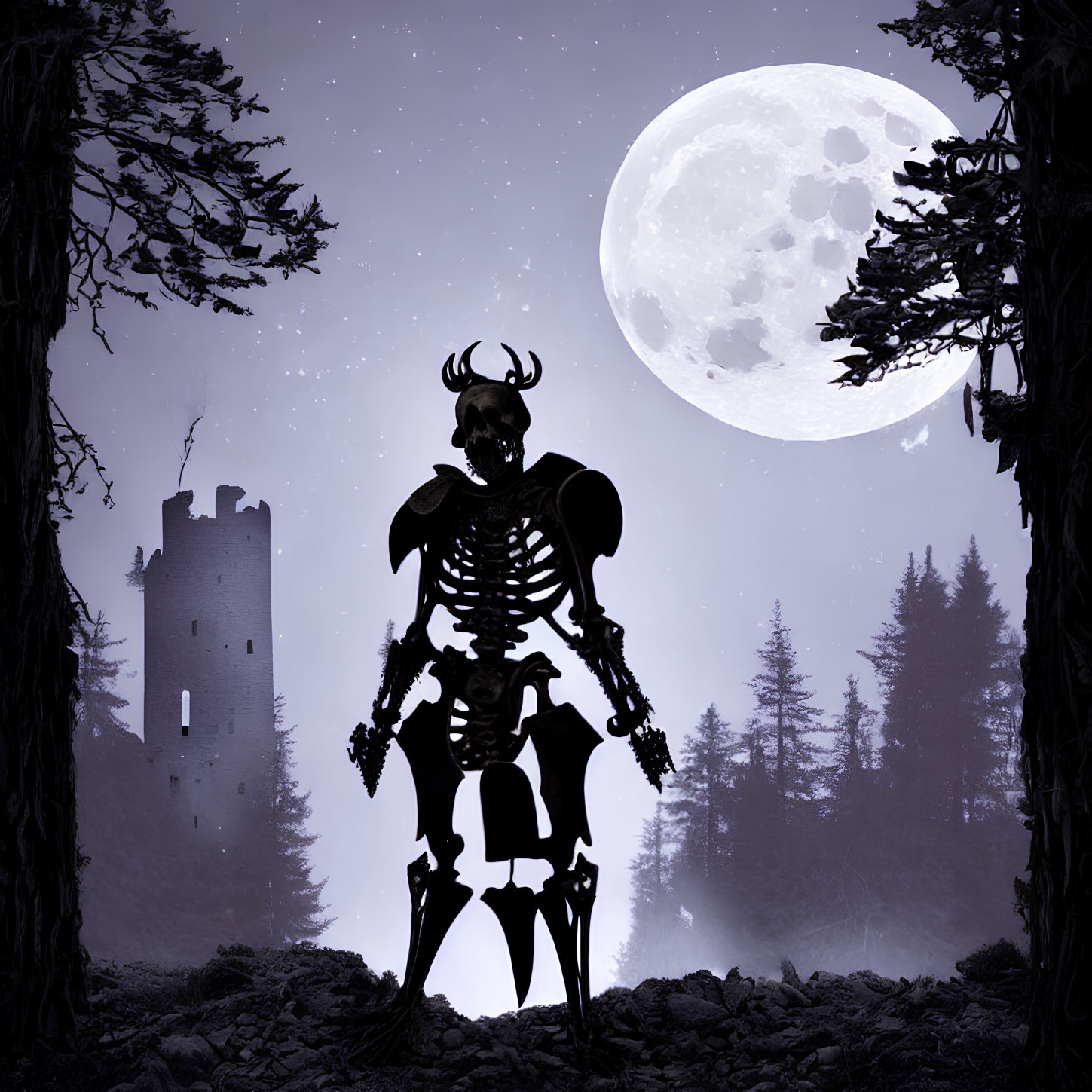 Moonlit forest clearing with skeletal figure and old tower