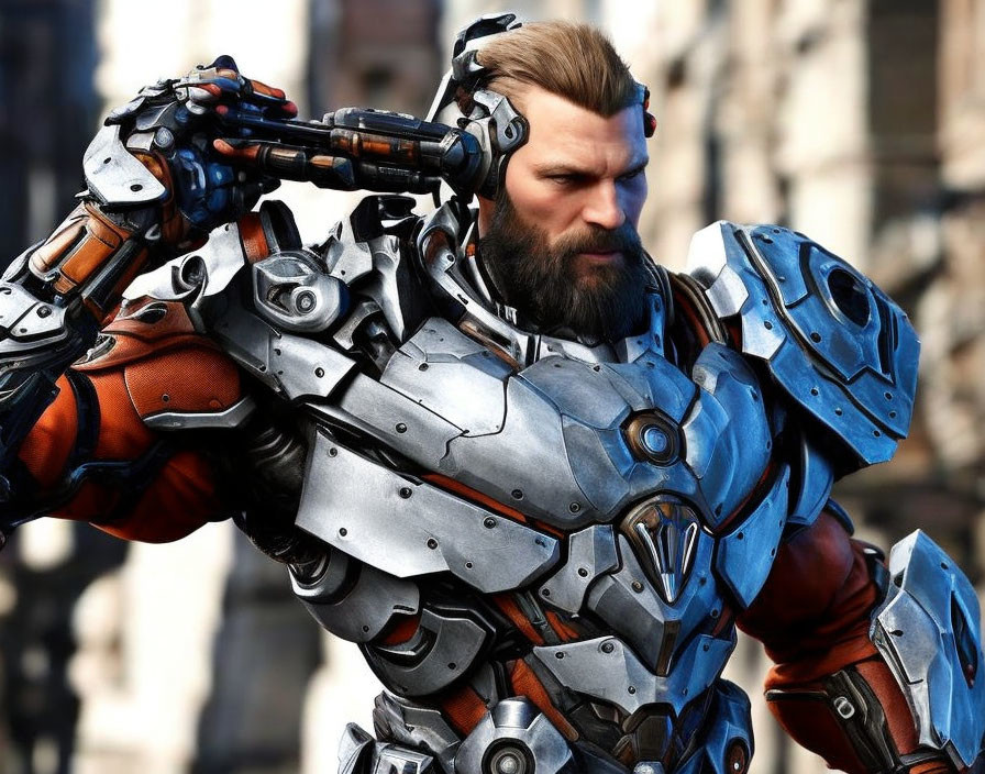 Bearded man in futuristic armored suit with mechanical elements