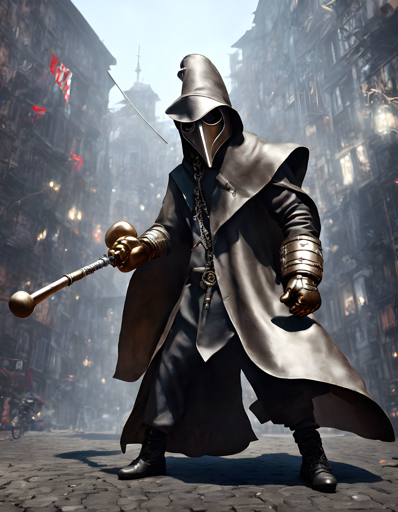 Dark medieval-style figure with plague doctor mask and mace in city backdrop