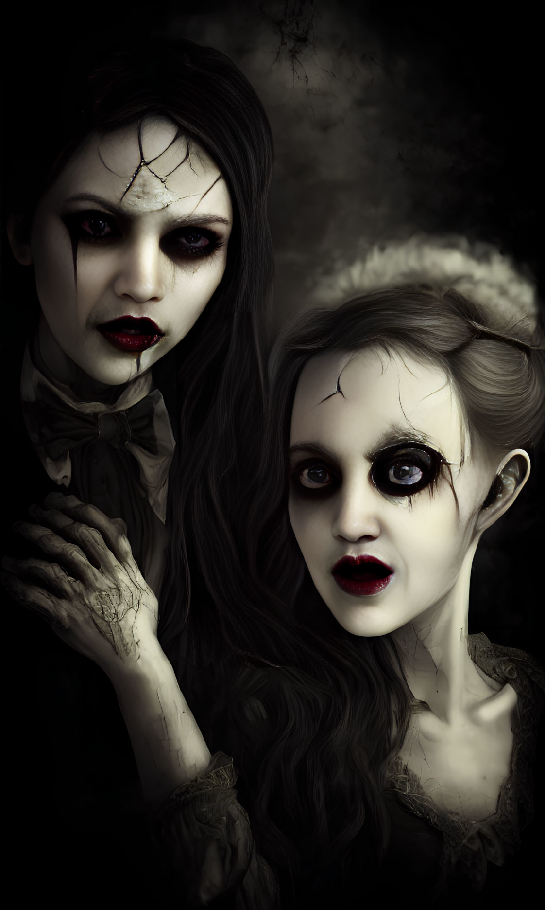 Gothic dolls with cracked porcelain skin in artistic pose