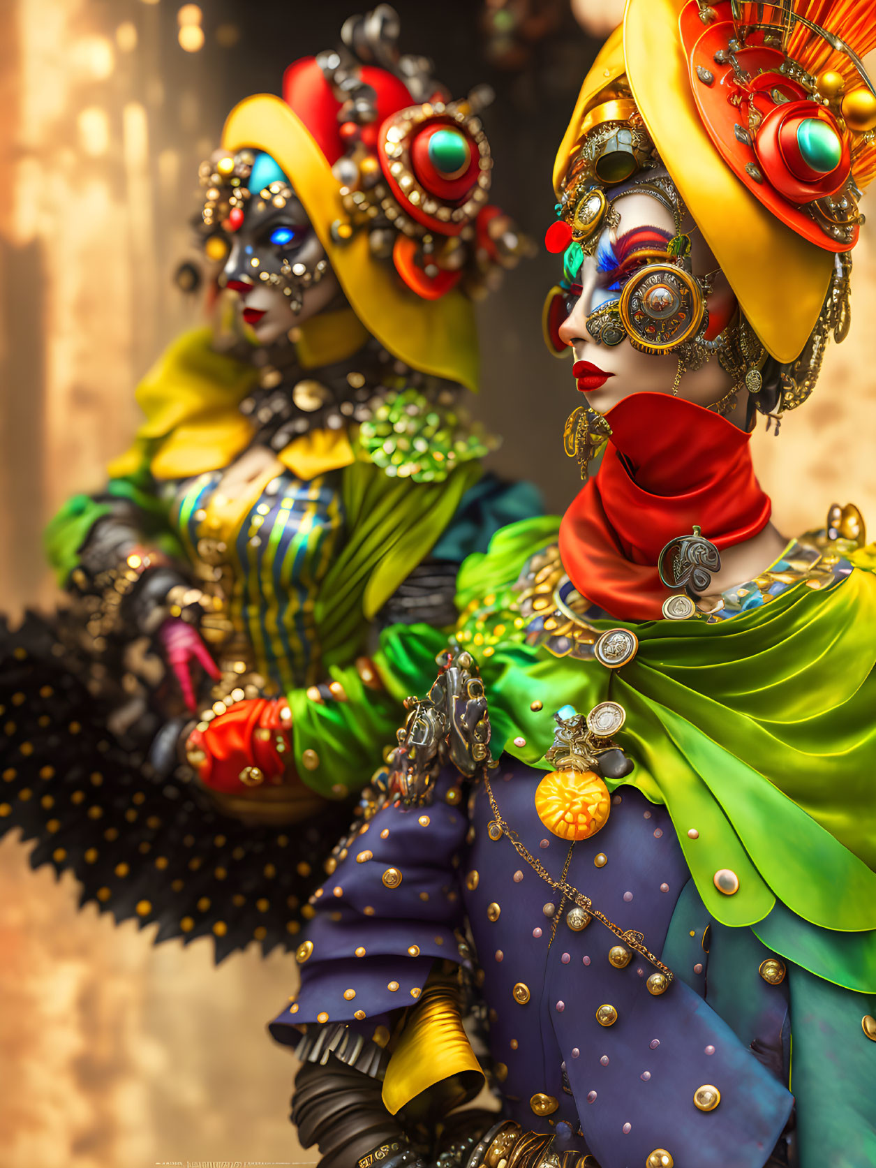 Elaborately Dressed Figures in Vibrant Venetian Carnival Costumes