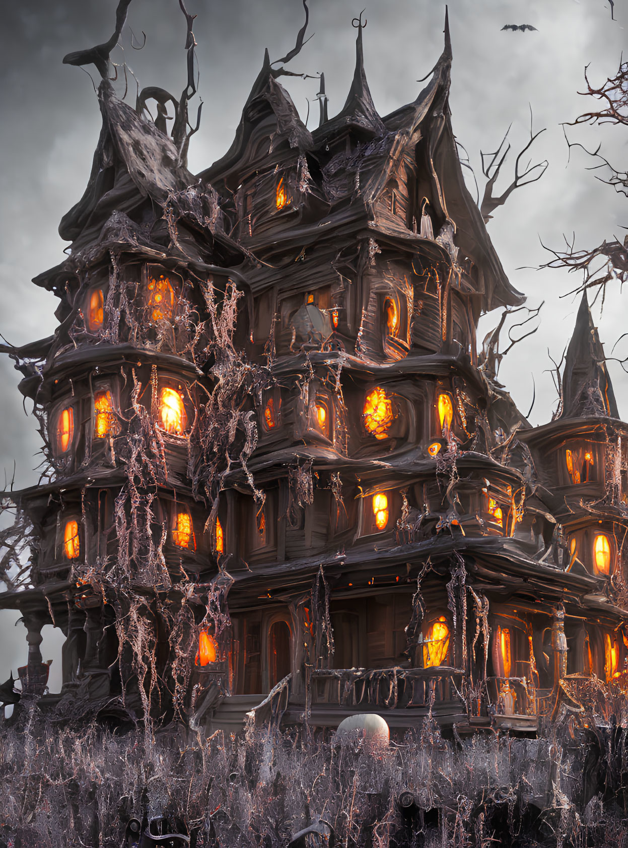 Spooky wooden house with glowing orange windows in eerie landscape