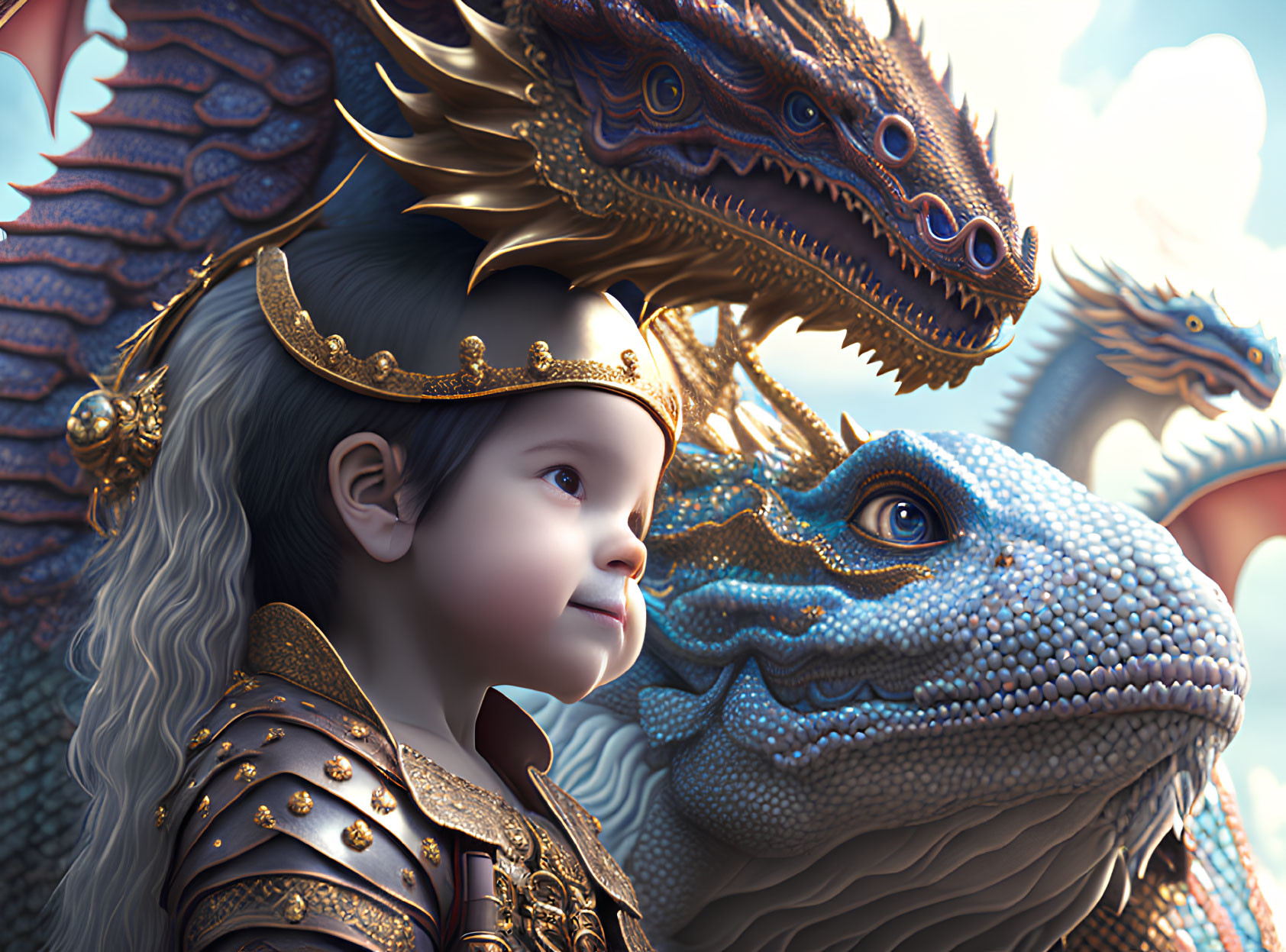 Child in royal attire with dragons under clear blue sky