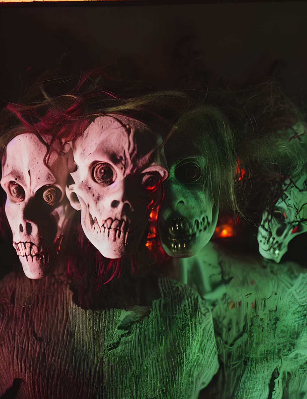 Three Glaring Skull Faces with Disheveled Hair in Red and Green Lighting