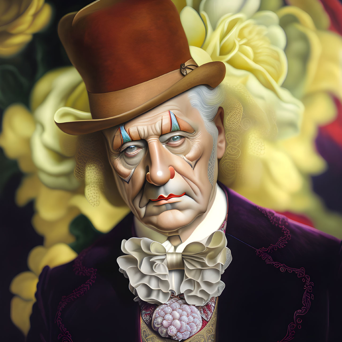 Elderly gentleman in top hat and purple coat on floral backdrop