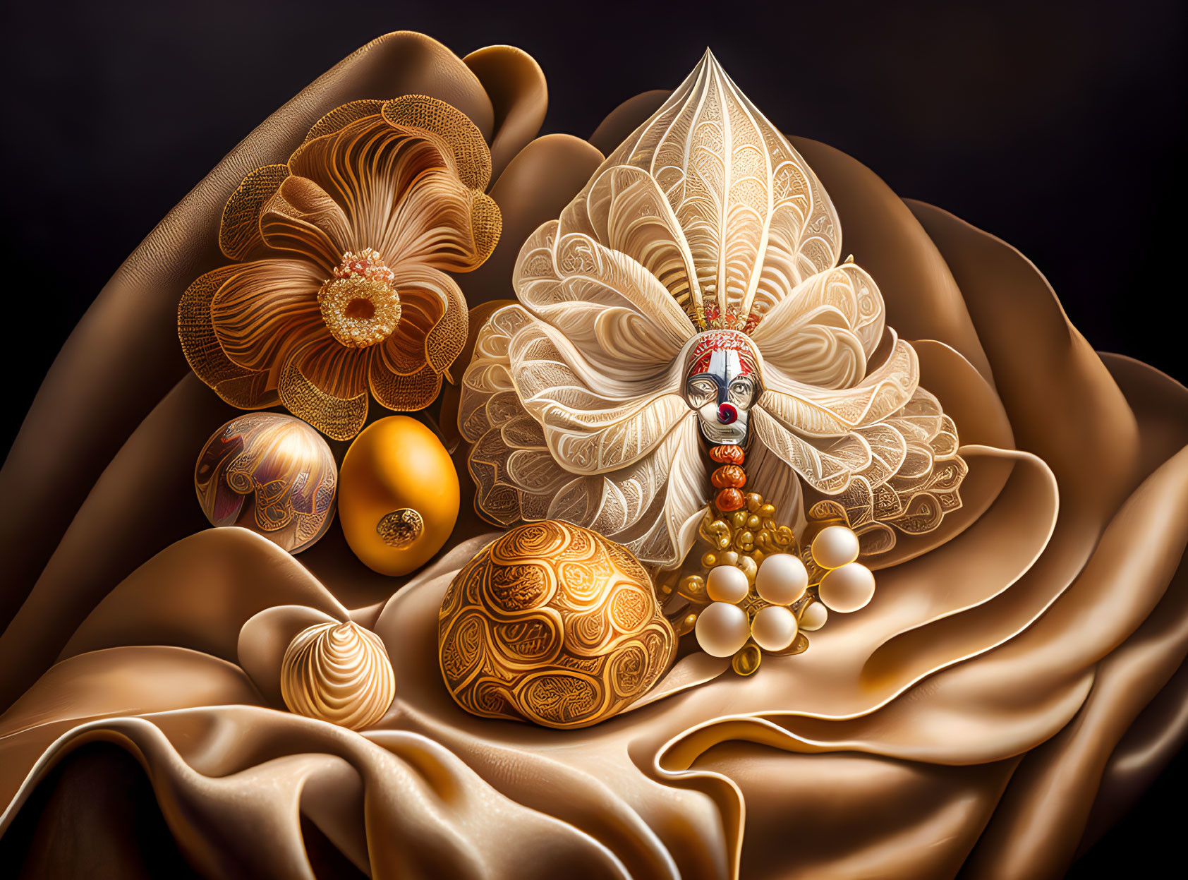 Intricate digital still life with decorative eggs, golden beads, detailed mask, and floral satin fabric