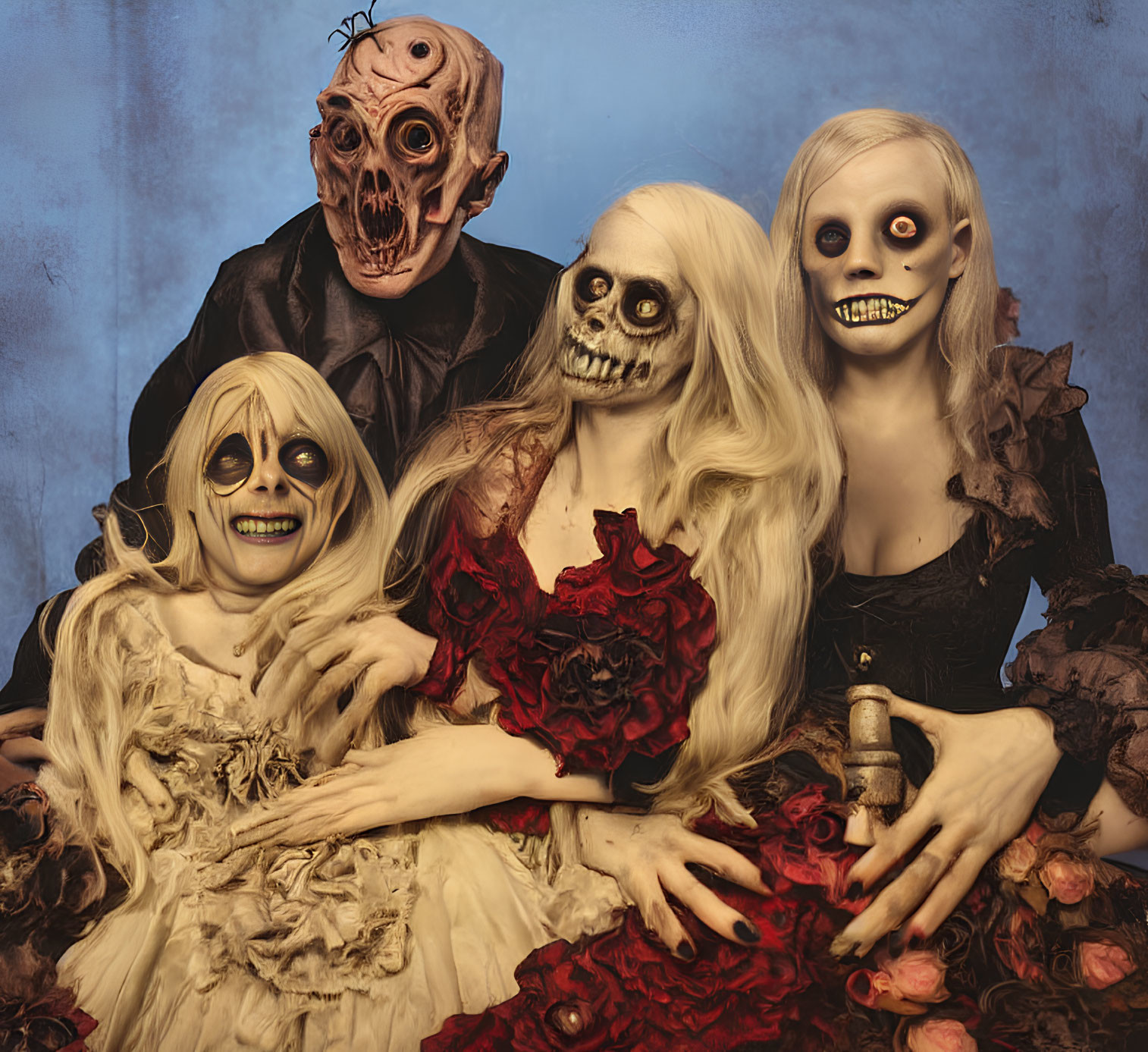 Three individuals in skull makeup pose theatrically with a creepy aesthetic, one figure surrounded by roses.