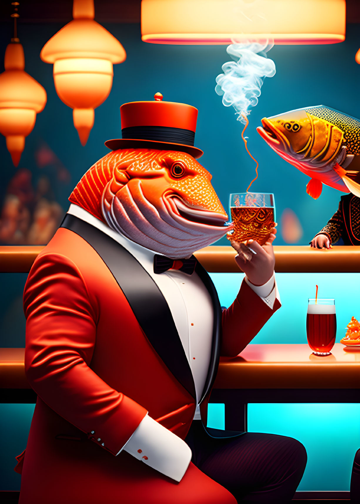 Elegant anthropomorphic fish in suit toasting at fancy bar