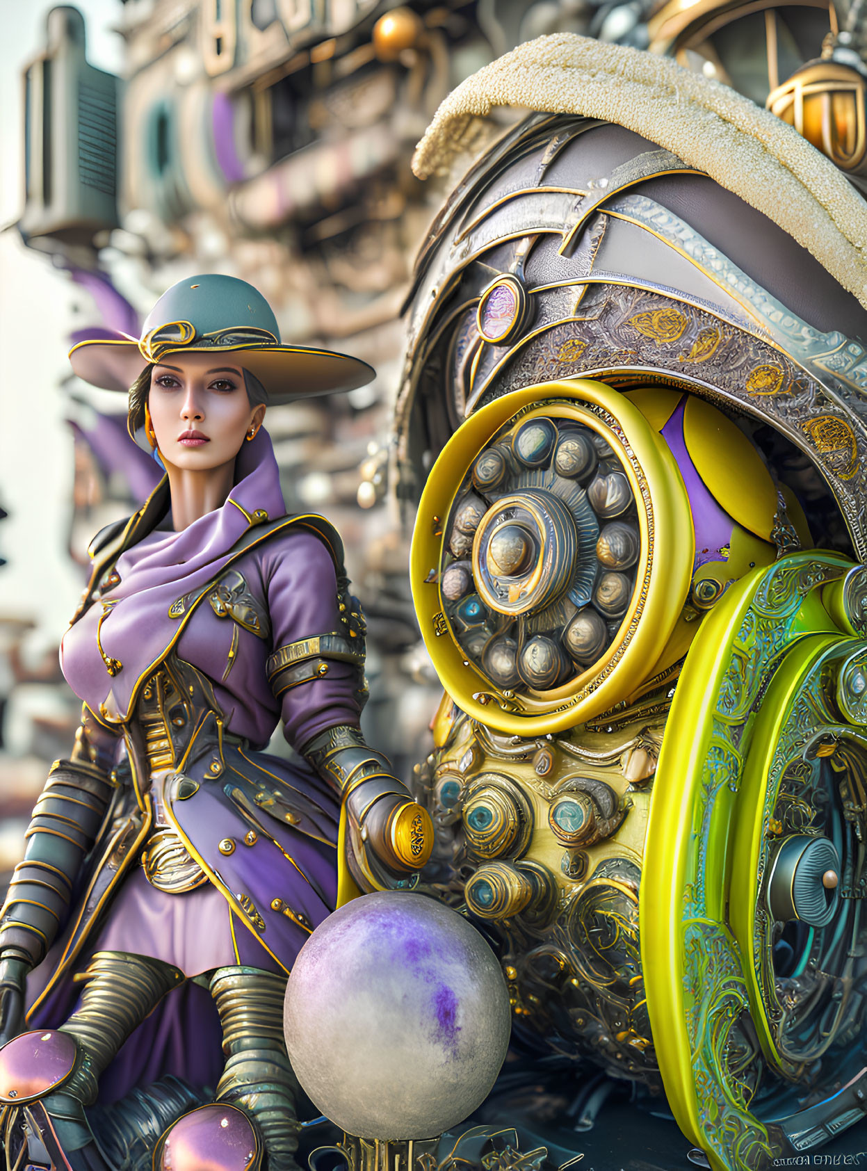 Steampunk-themed illustration of woman in purple Victorian outfit with mechanical armor and gear-driven accessories.