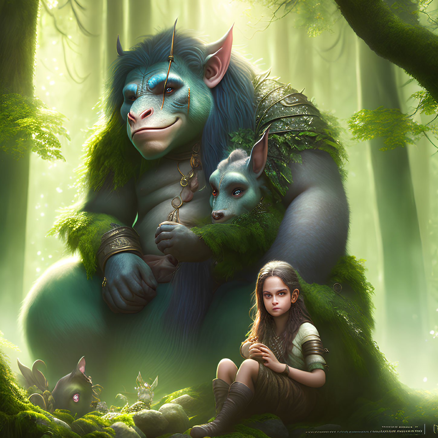 Illustration of large blue creature, small companion, and girl in forest with ethereal light.