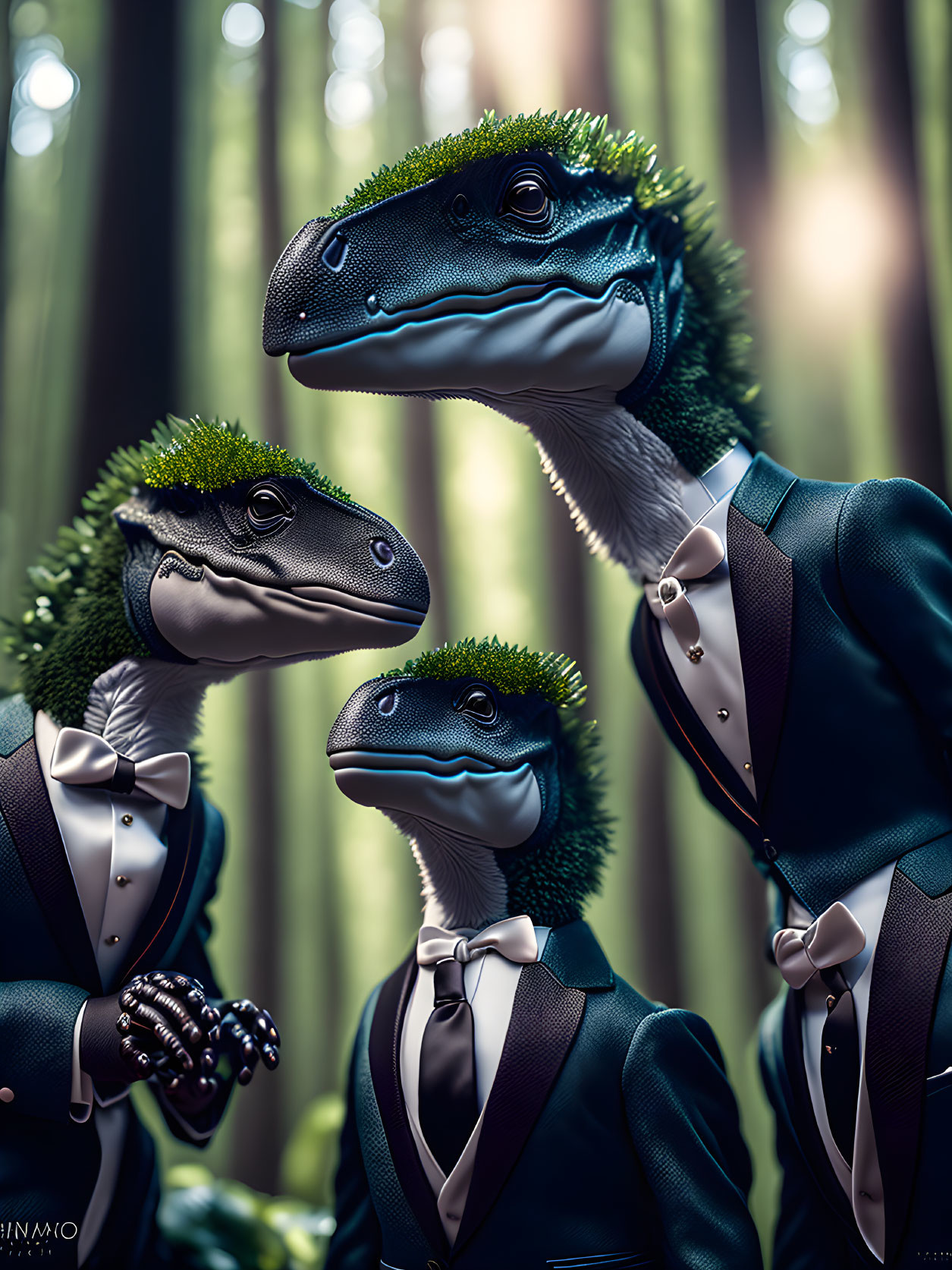 Three anthropomorphic velociraptors in suits with greenery atop their heads, conversing in a forest