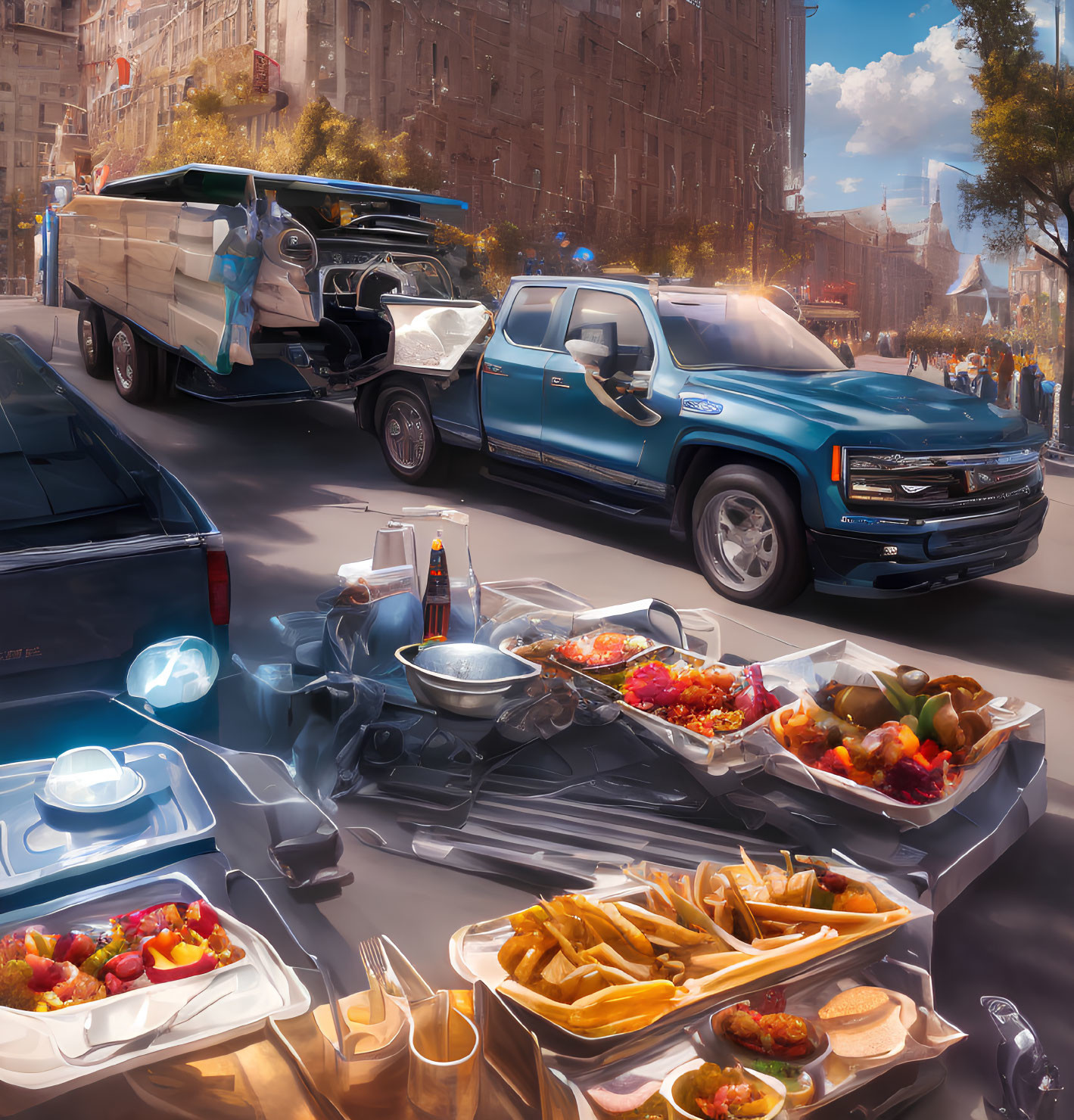 Busy Urban Street Scene with Blue Pickup Truck and Diverse Street Food Options