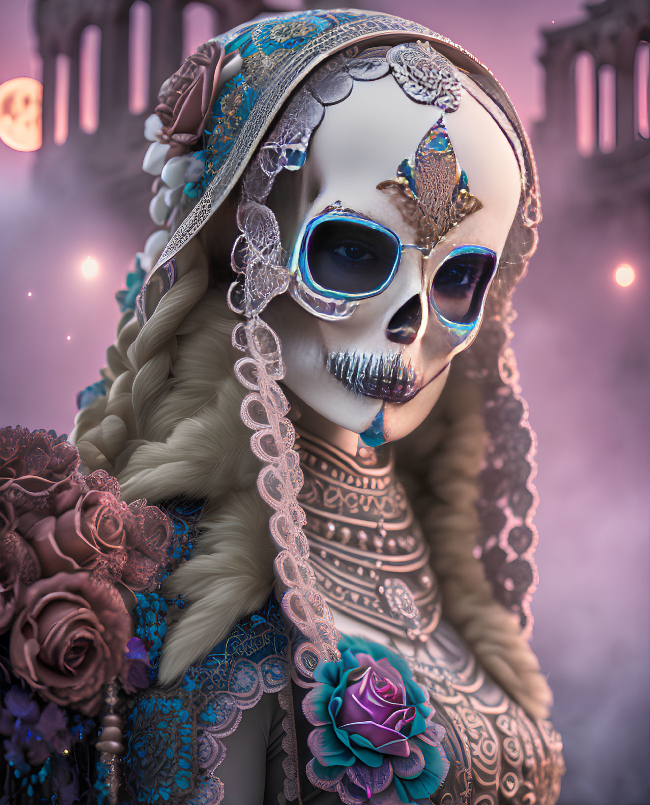 Stylized figure with skull face, headdress, roses on pink backdrop