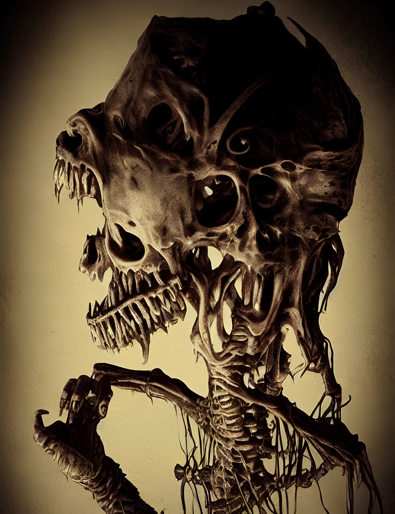 Sepia-Toned Image of Humanoid Skeletal Figure with Multiple Skulls