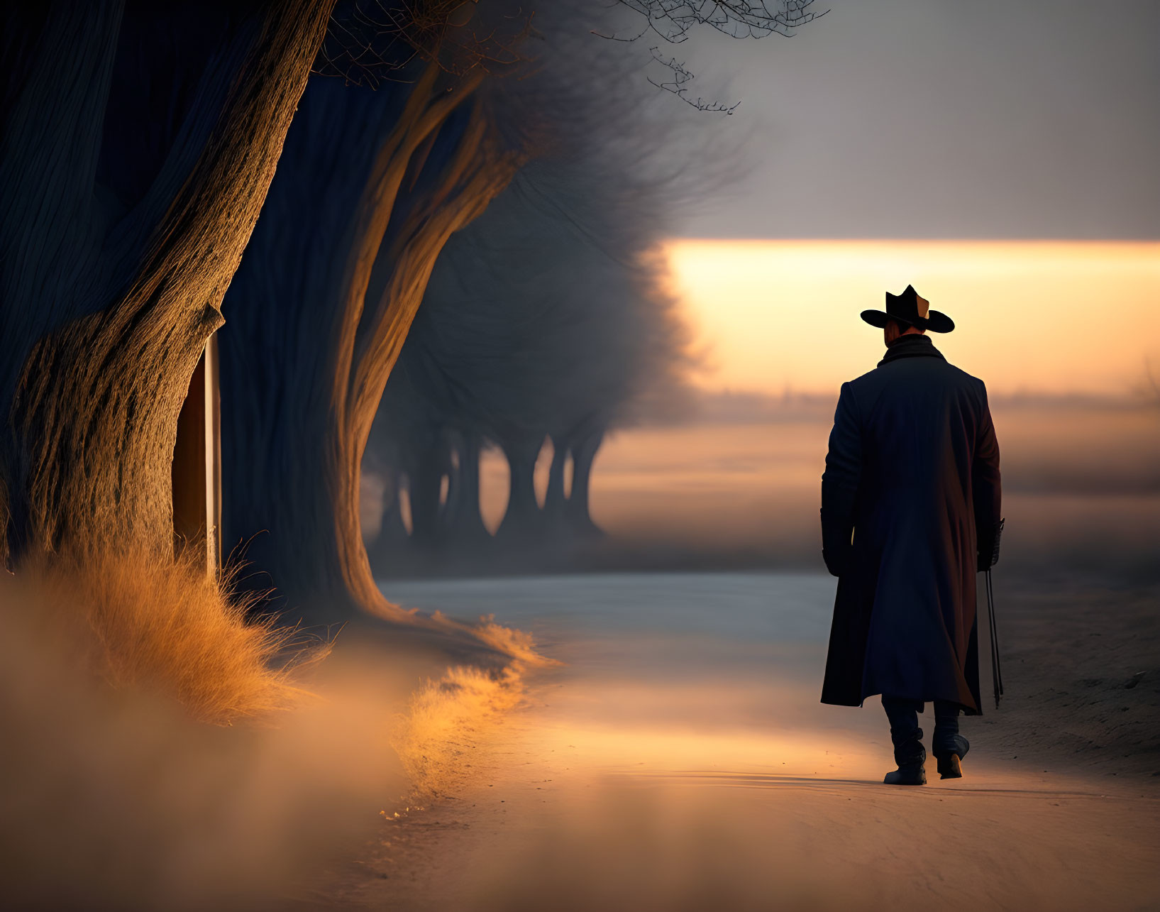 Person in hat and coat walking on misty tree-lined path at sunrise or sunset