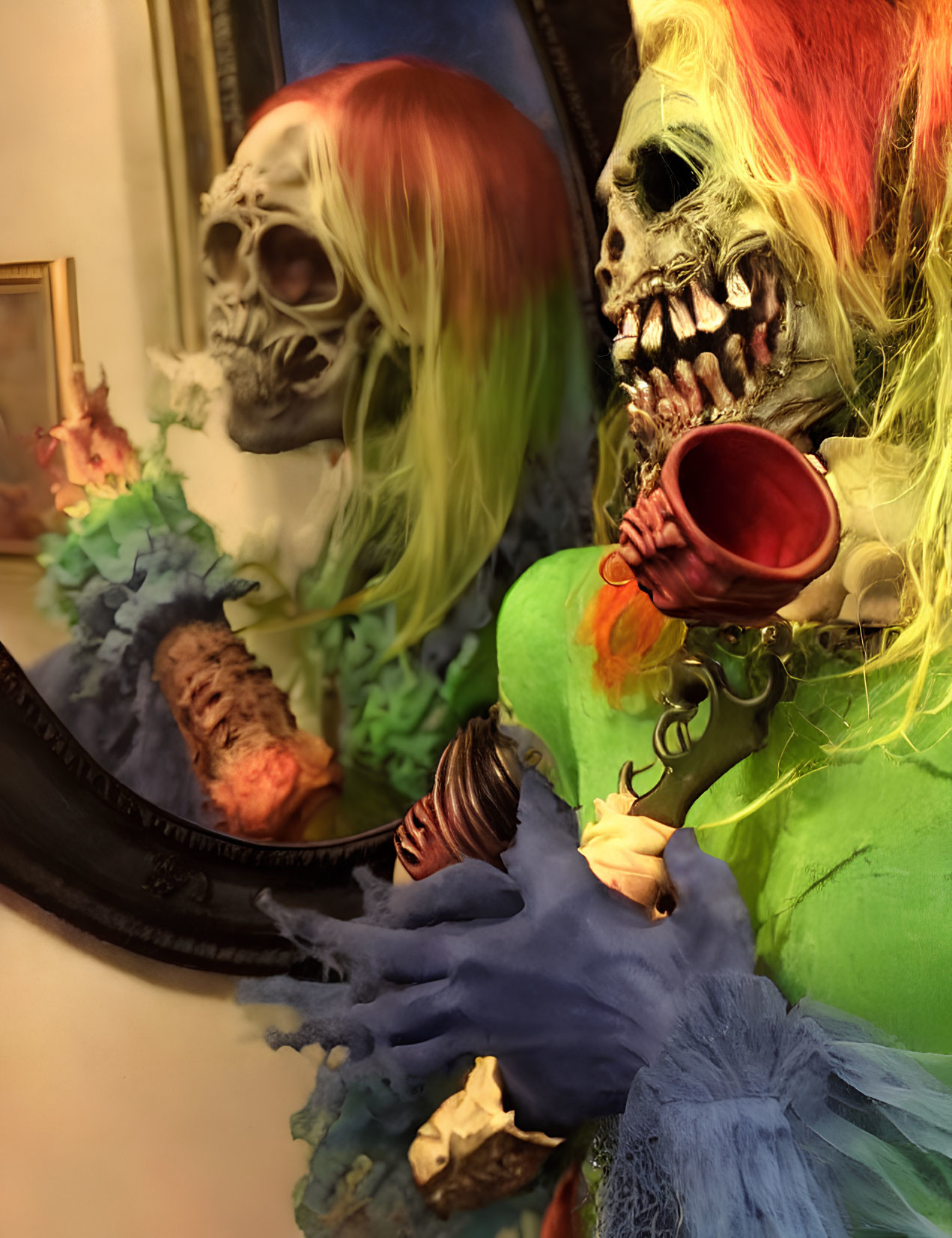 Colorful Skeleton Figures with Wigs Holding Cup Reflected in Mirror