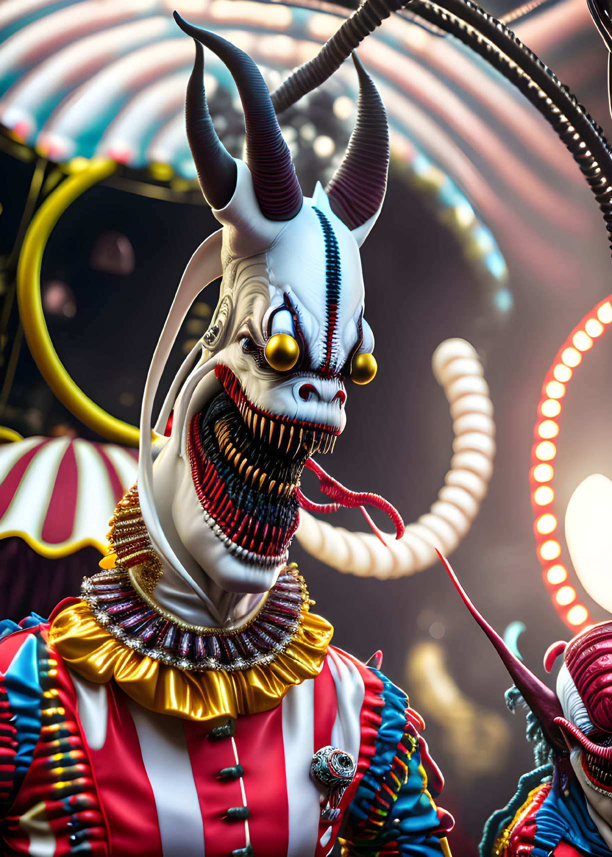 Detailed menacing clown with horns and sharp teeth in colorful costume against dark carnival backdrop