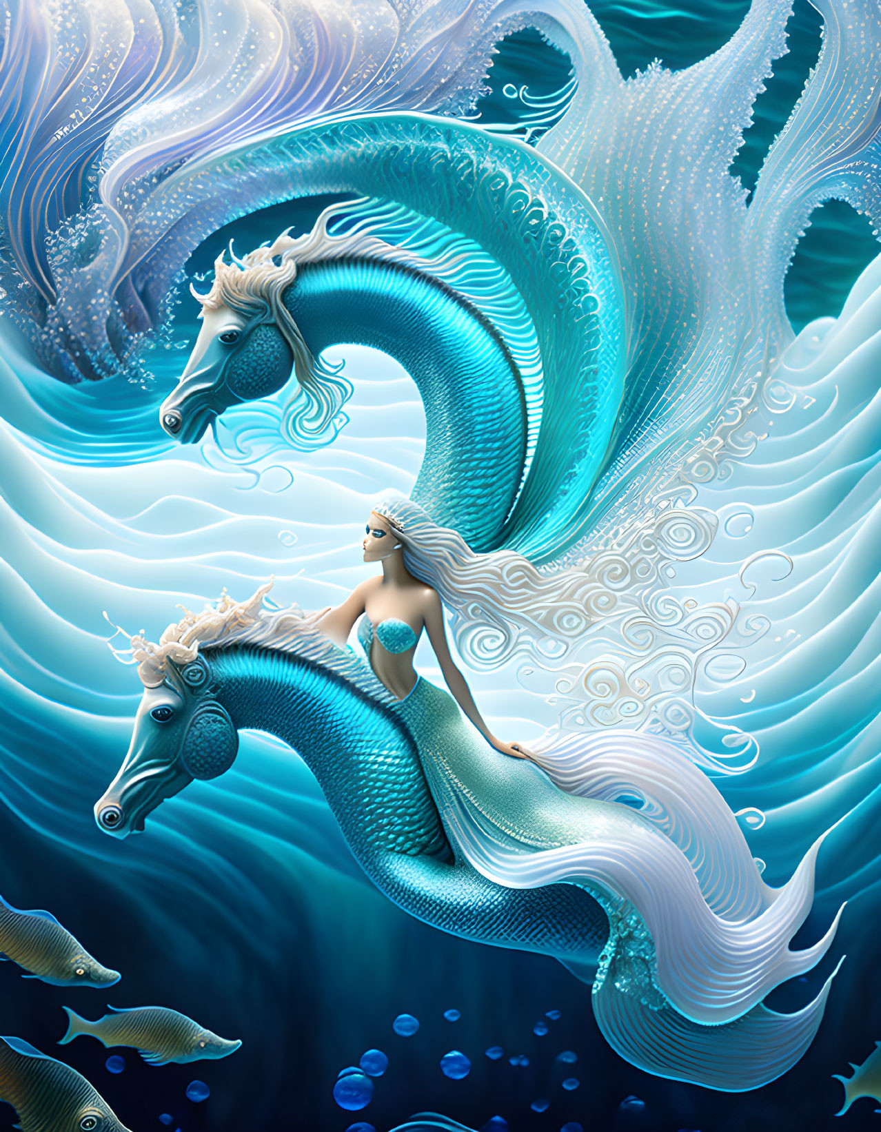 Mermaid riding seahorse in underwater scene