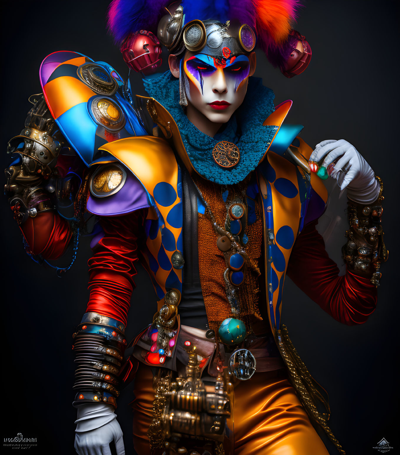 Elaborate Steampunk Costume with Colorful Makeup and Gadgets