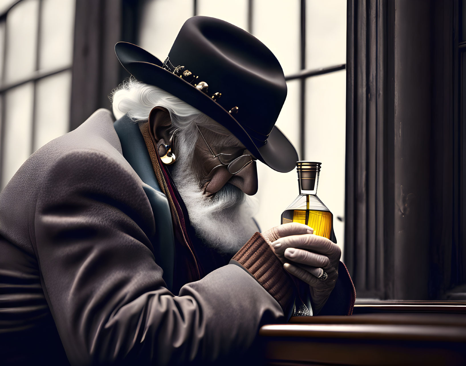 Elderly Man in Fedora Hat Contemplating Amber Bottle by Window