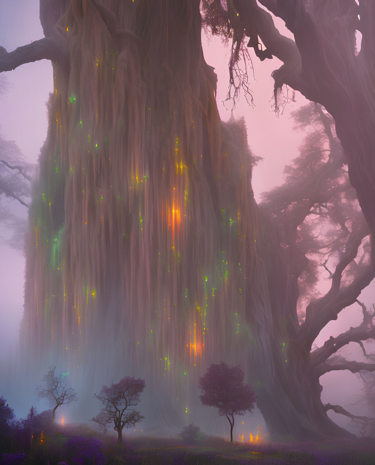 Mystical giant tree with glowing lights in dreamy forest landscape