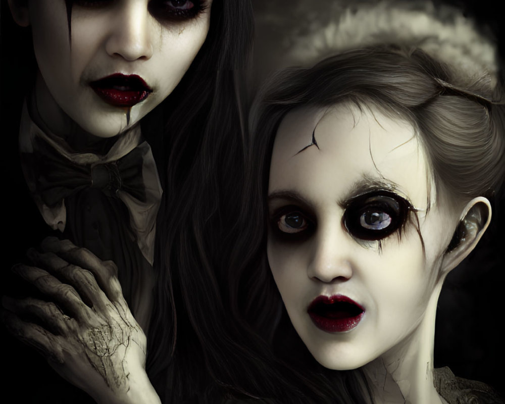 Gothic dolls with cracked porcelain skin in artistic pose