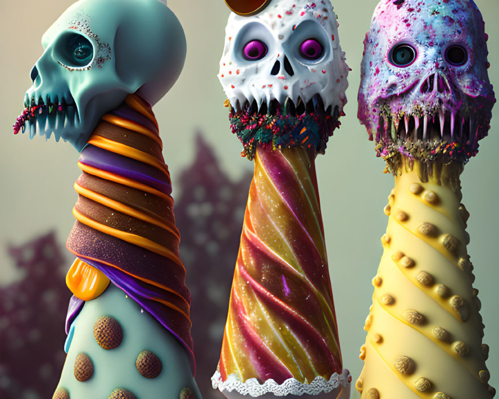 Stylized anthropomorphic ice cream cones with skull-like faces and decorative toppings on beige background