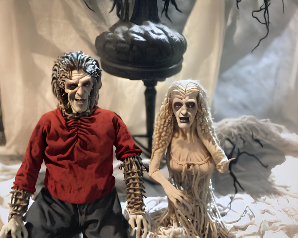 Male werewolf and female spectral figurines in spooky setting